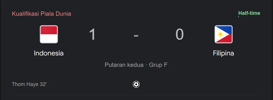 Babak Pertama Kualifikasi Piala Dunia 2026: Indonesia Unggul Tipis 1-0 vs Filipina