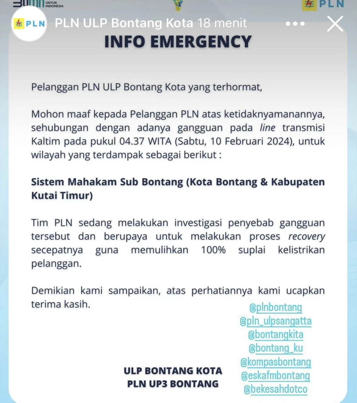 Bontang Blackout Pagi-Pagi, Ini Kata PLN