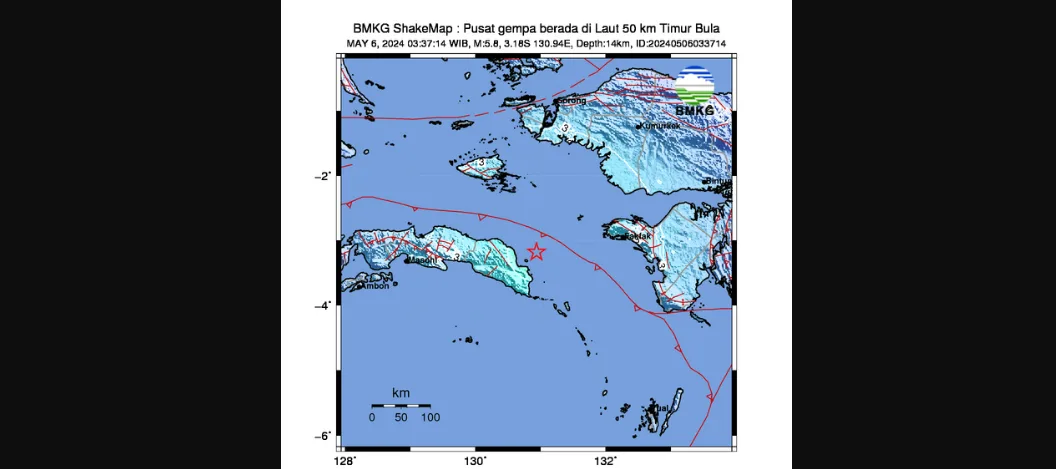Gempa Bumi Magnitudo 5,8 Guncang Seram Timur, Maluku, Tak Berpotensi Tsunami