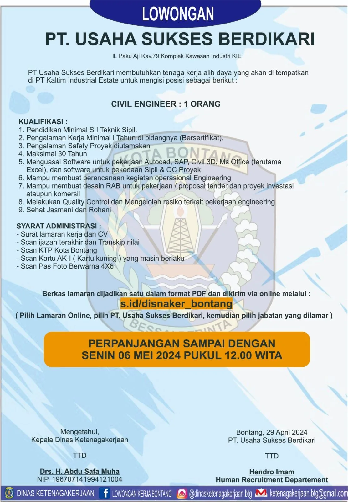 PT. Usaha Sukses Berdikari Buka Lowongan Kerja untuk Posisi Civil Engineer