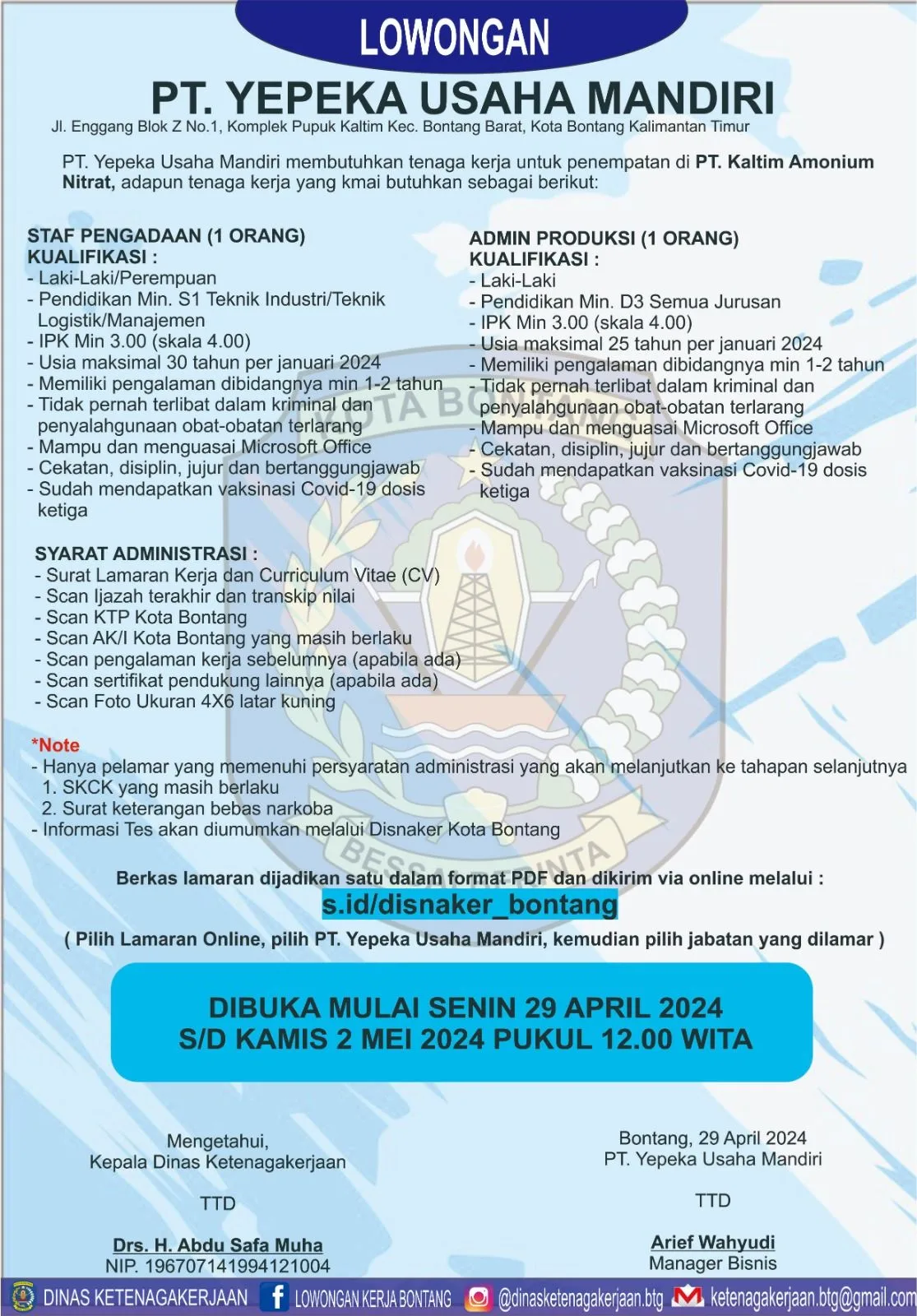 PT. Yepeka Usaha Mandiri Membuka Lowongan Kerja untuk Posisi Staf Pengadaan dan Admin Produksi