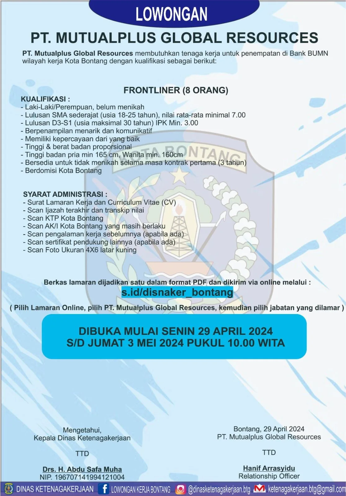 PT. Mutualplus Global Resources Buka Lowongan Kerja Frontliner di Bontang