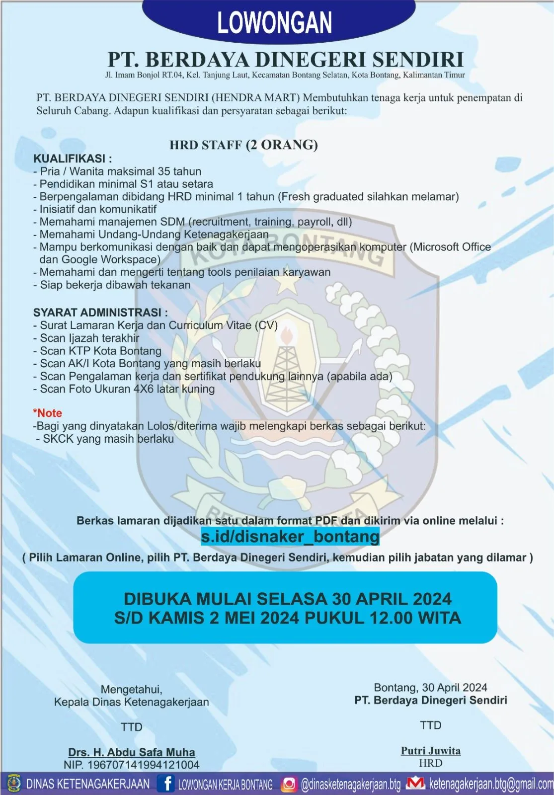 PT Berdaya Dinegeri Sendiri Buka Lowongan Kerja untuk Posisi HRD Staff