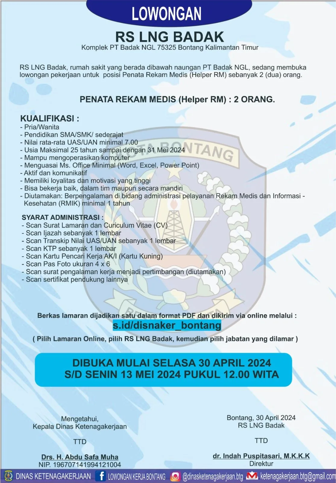 RS LNG Badak Buka Lowongan Kerja untuk Posisi Penata Rekam Medis (Helper RM)