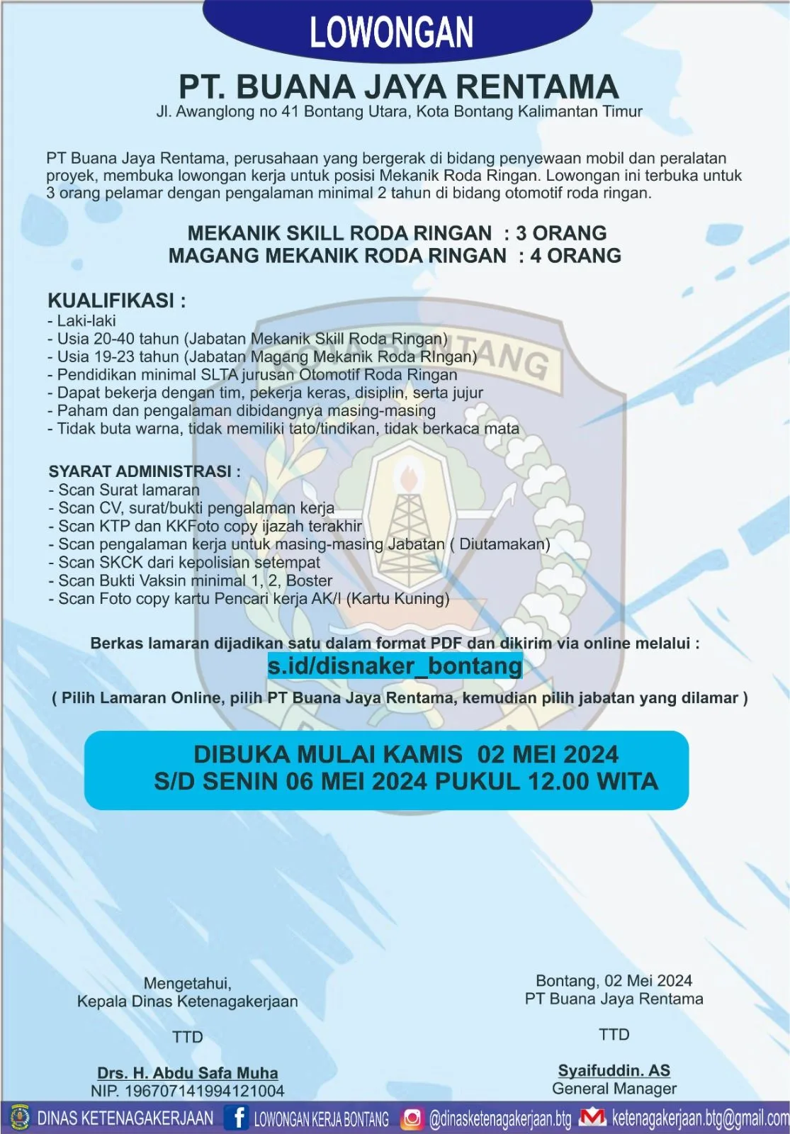 PT Buana Jaya Rentama Buka Lowongan Kerja untuk Mekanik Roda Ringan dan Magang Mekanik Roda Ringan di Bontang