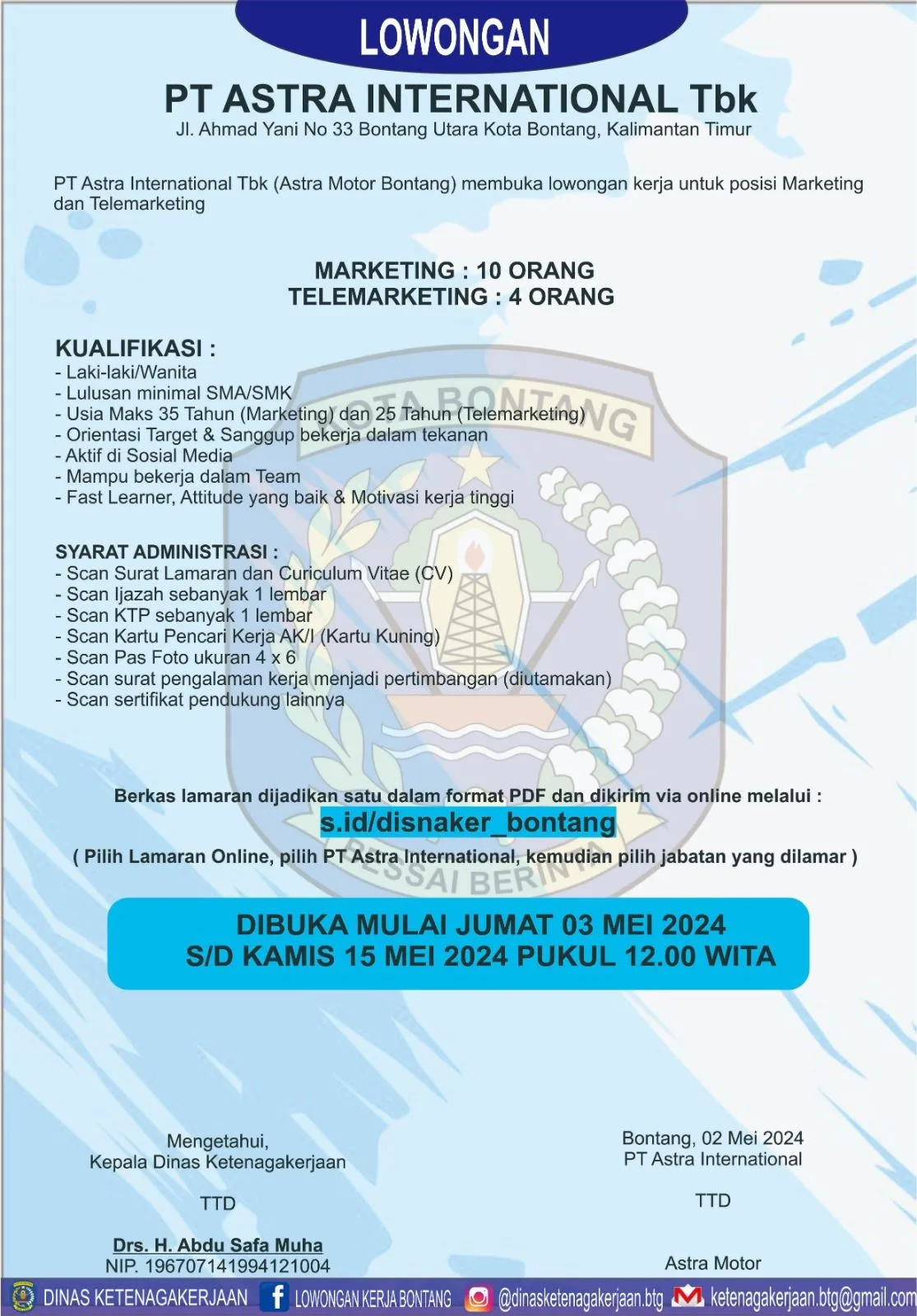 PT Astra International Tbk (Astra Motor Bontang) Buka Lowongan Kerja untuk Posisi Marketing dan Telemarketing