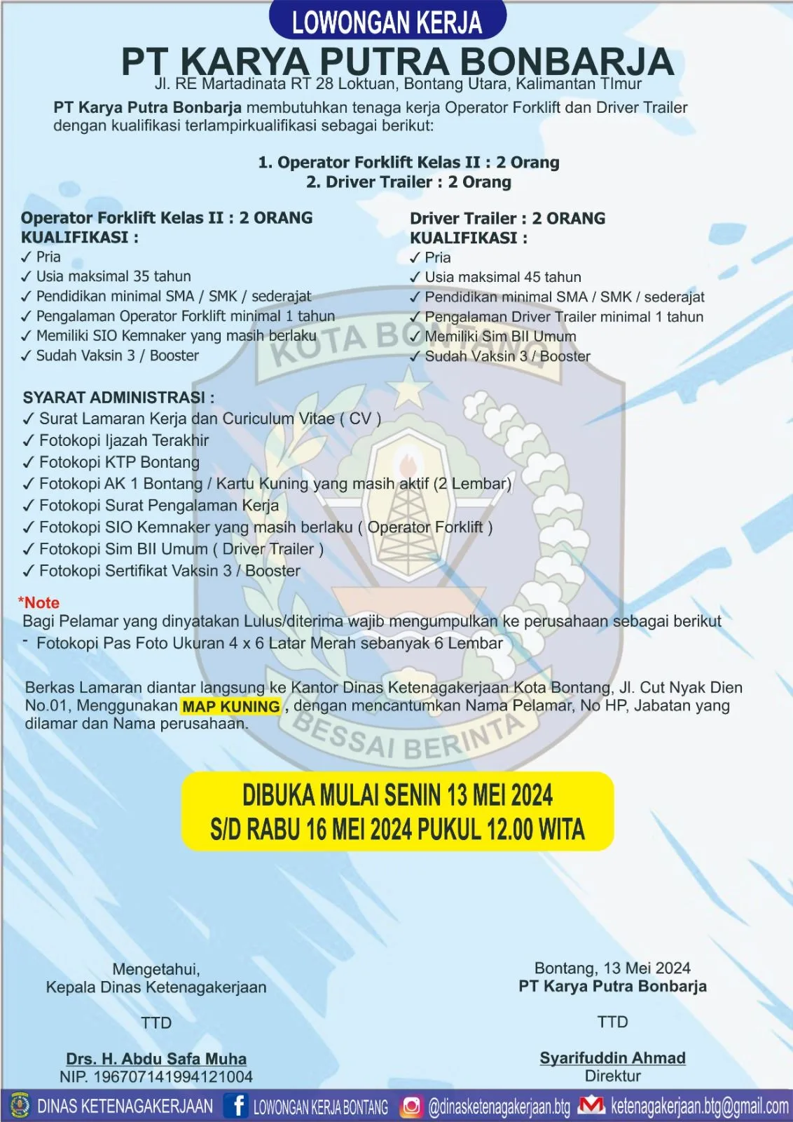 Lowongan Kerja PT. Karya Putra Bonbarja di Bontang!