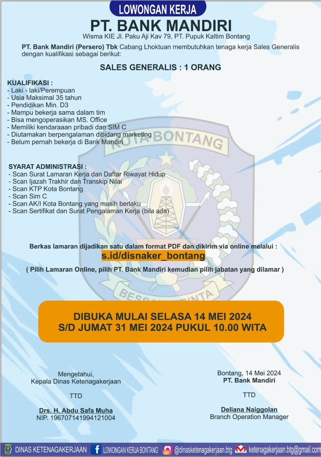 PT. Bank Mandiri (Persero) Tbk Cabang Lhoktuan Buka Lowongan Kerja di Bontang