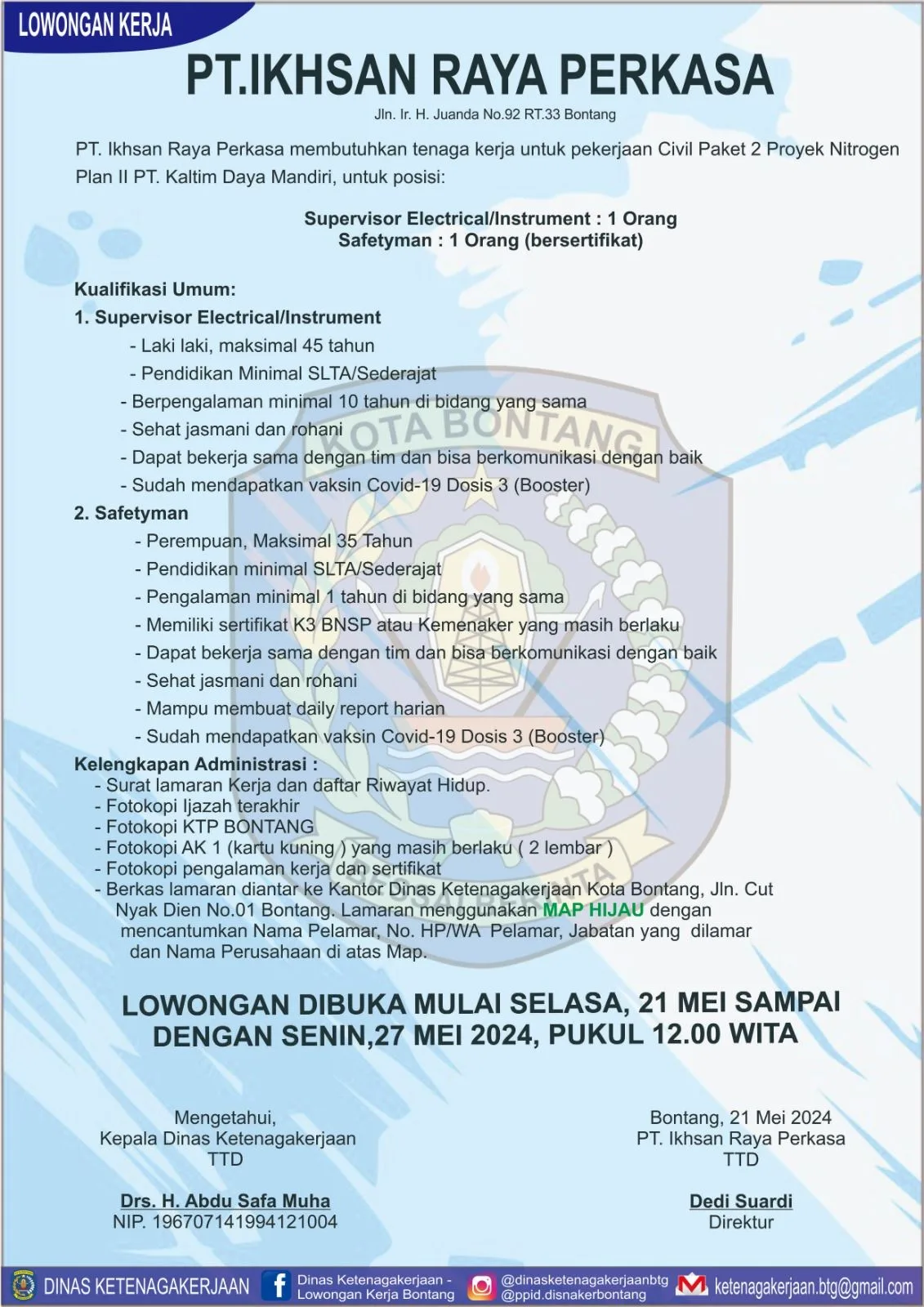 PT Ikhsan Raya Perkasa Buka Lowongan Kerja untuk Proyek Nitrogen Plant II di Bontang