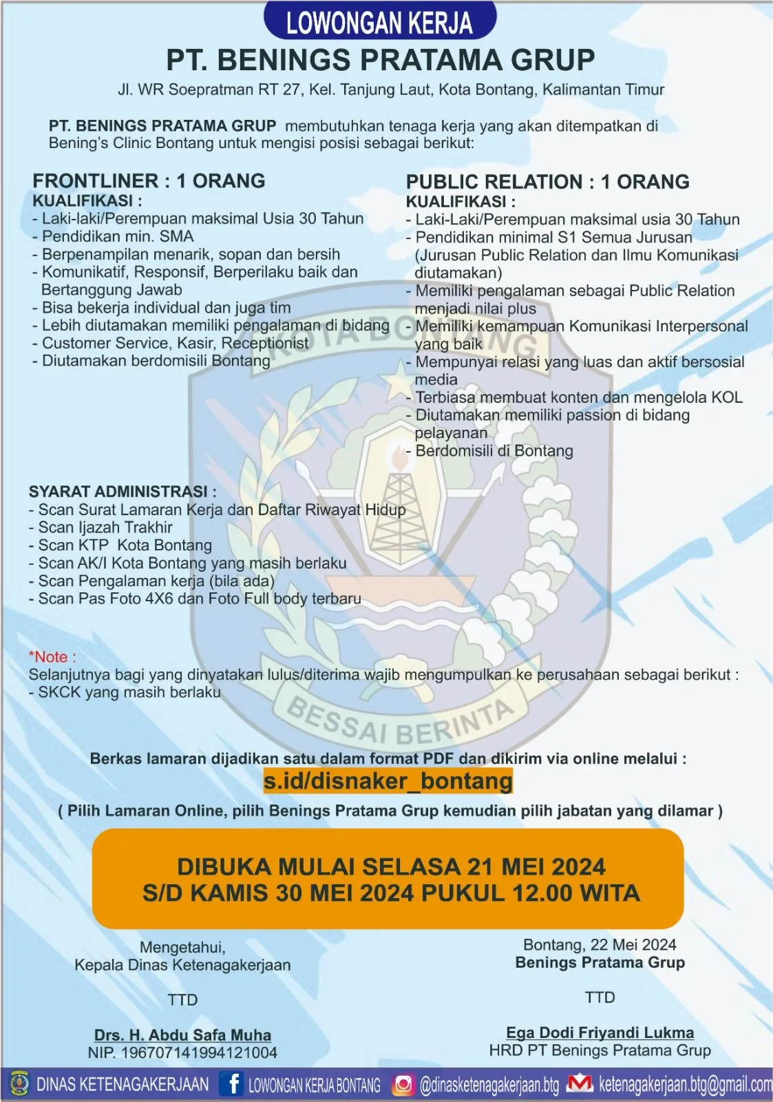 PT Benings Pratama Group Buka Lowongan Pekerjaan untuk Frontliner dan Public Relations di Bontang