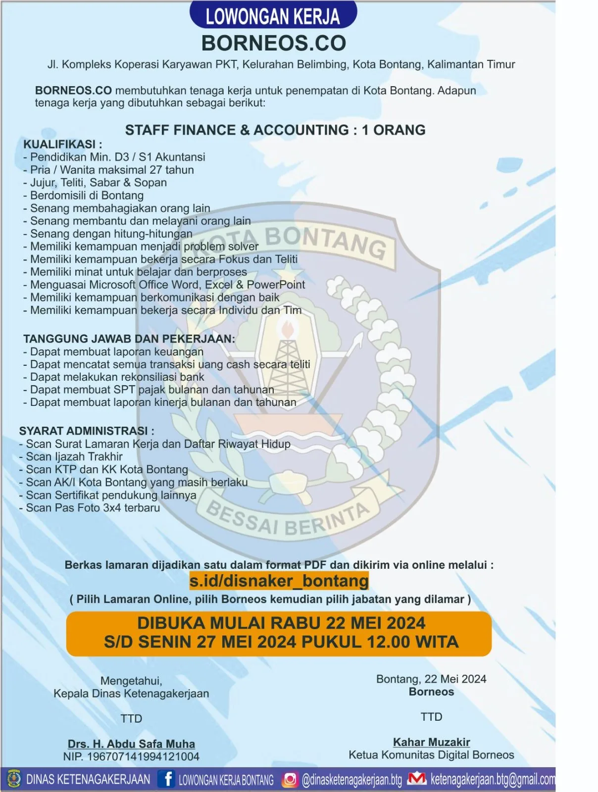 BORNEOS.CO Buka Lowongan Pekerjaan untuk Staff Finance dan Accounting di Bontang