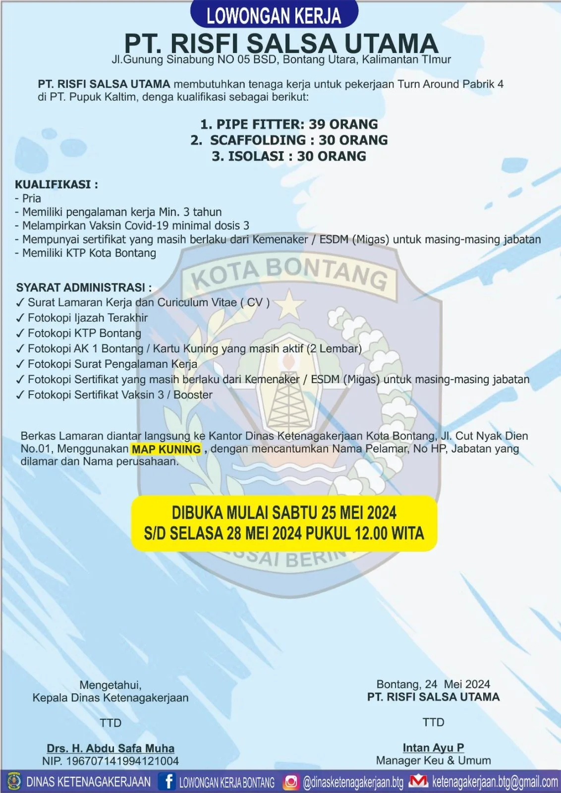 PT. Risfi Salsa Utama Buka Lowongan Kerja untuk Posisi Turn Around Pabrik 4 di PT. Pupuk Kaltim