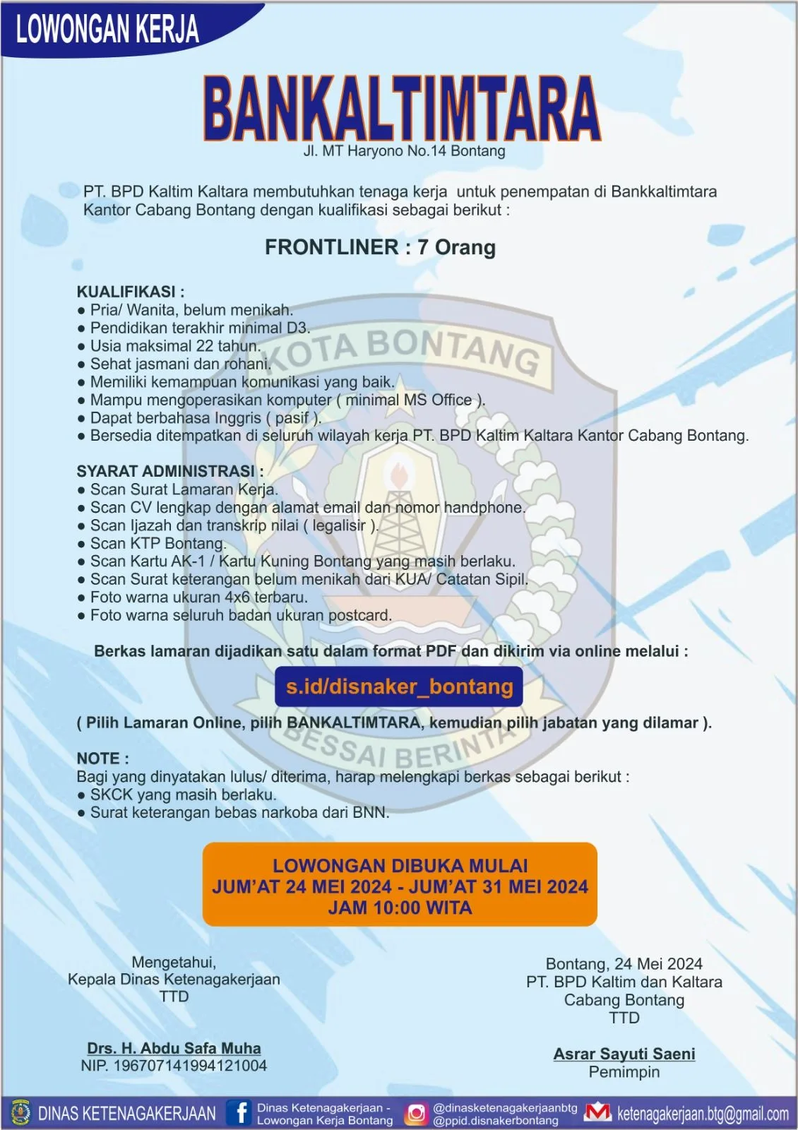 Bankaltimtara Buka Lowongan Kerja untuk Posisi Frontliner di Bontang