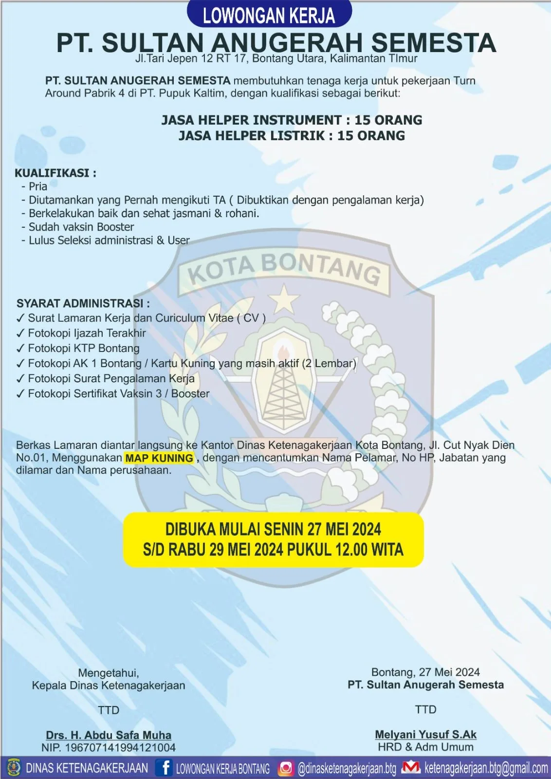 PT. Sultan Anugerah Semesta Buka Lowongan Kerja untuk Posisi Jasa Helper Instrument dan Jasa Helper Listrik