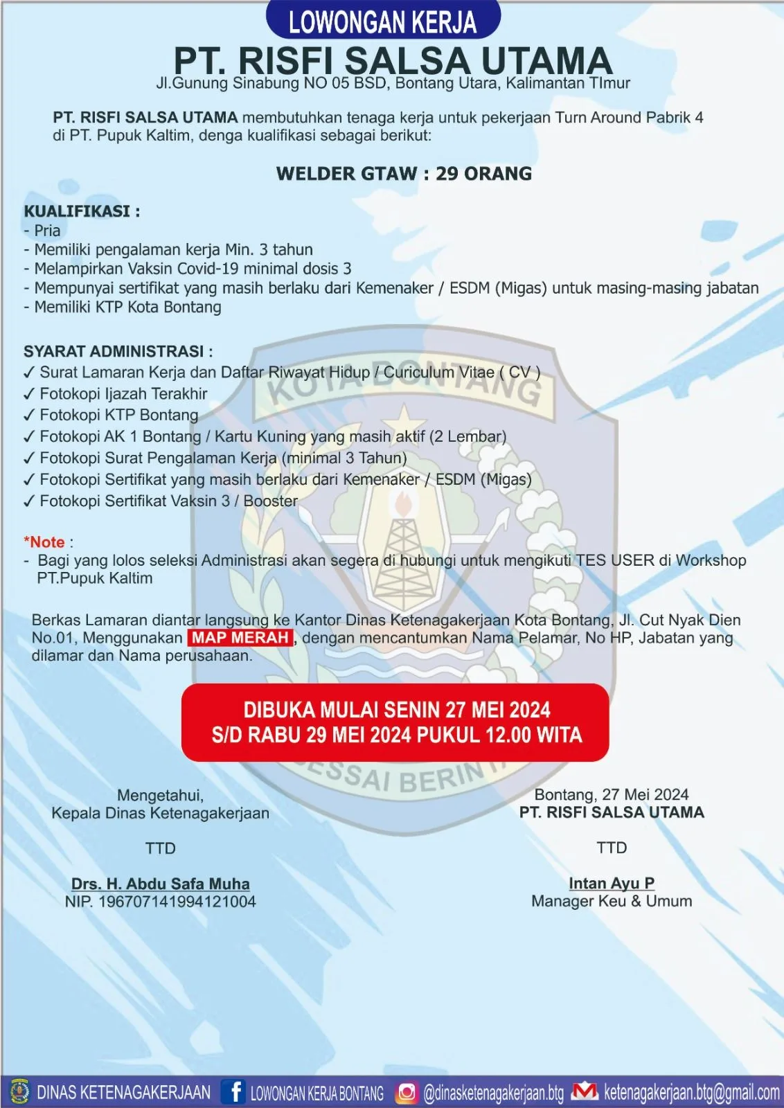 PT. Risfi Salsa Utama Buka Lowongan Kerja untuk Posisi Welder GTAW di PT. Pupuk Kaltim