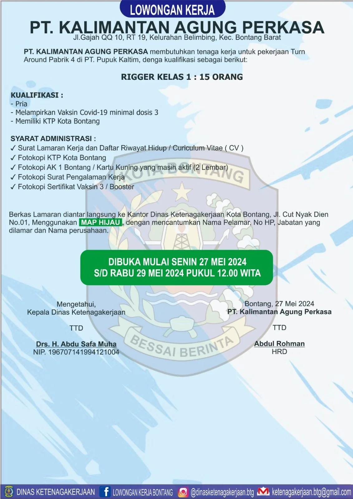 PT. Kalimantan Agung Perkasa Membuka Lowongan Kerja untuk Posisi Rigger Kelas 1