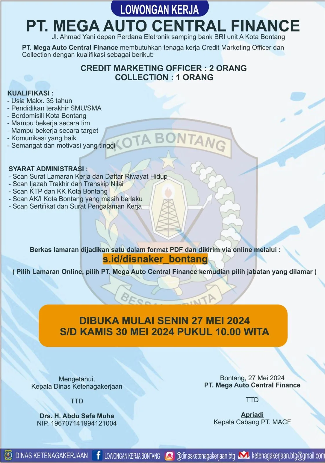 PT. Mega Auto Central Finance Membuka Lowongan Kerja di Bontang