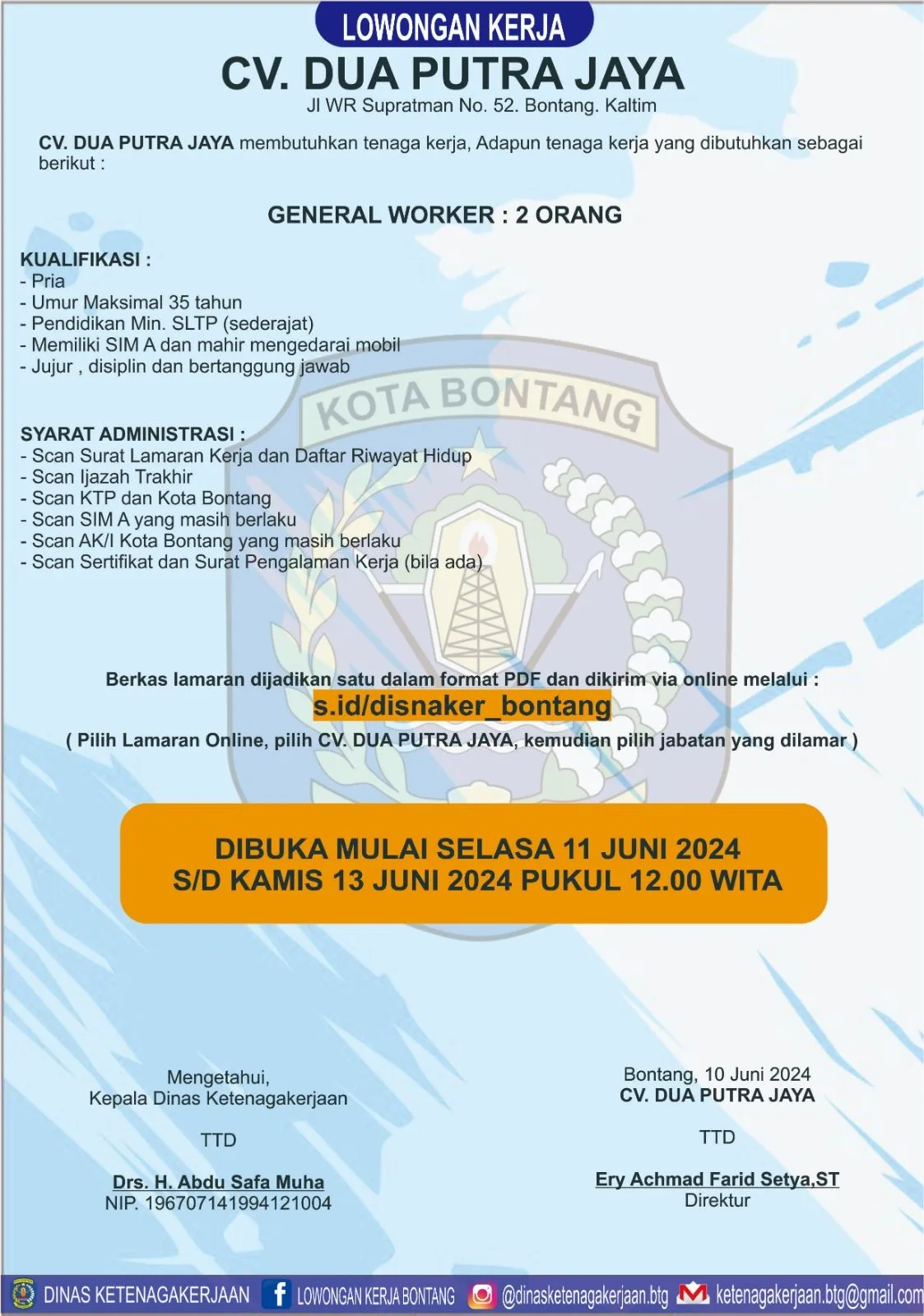 Lowongan Kerja CV Dua Putra Jaya untuk Posisi General Worker di Bontang