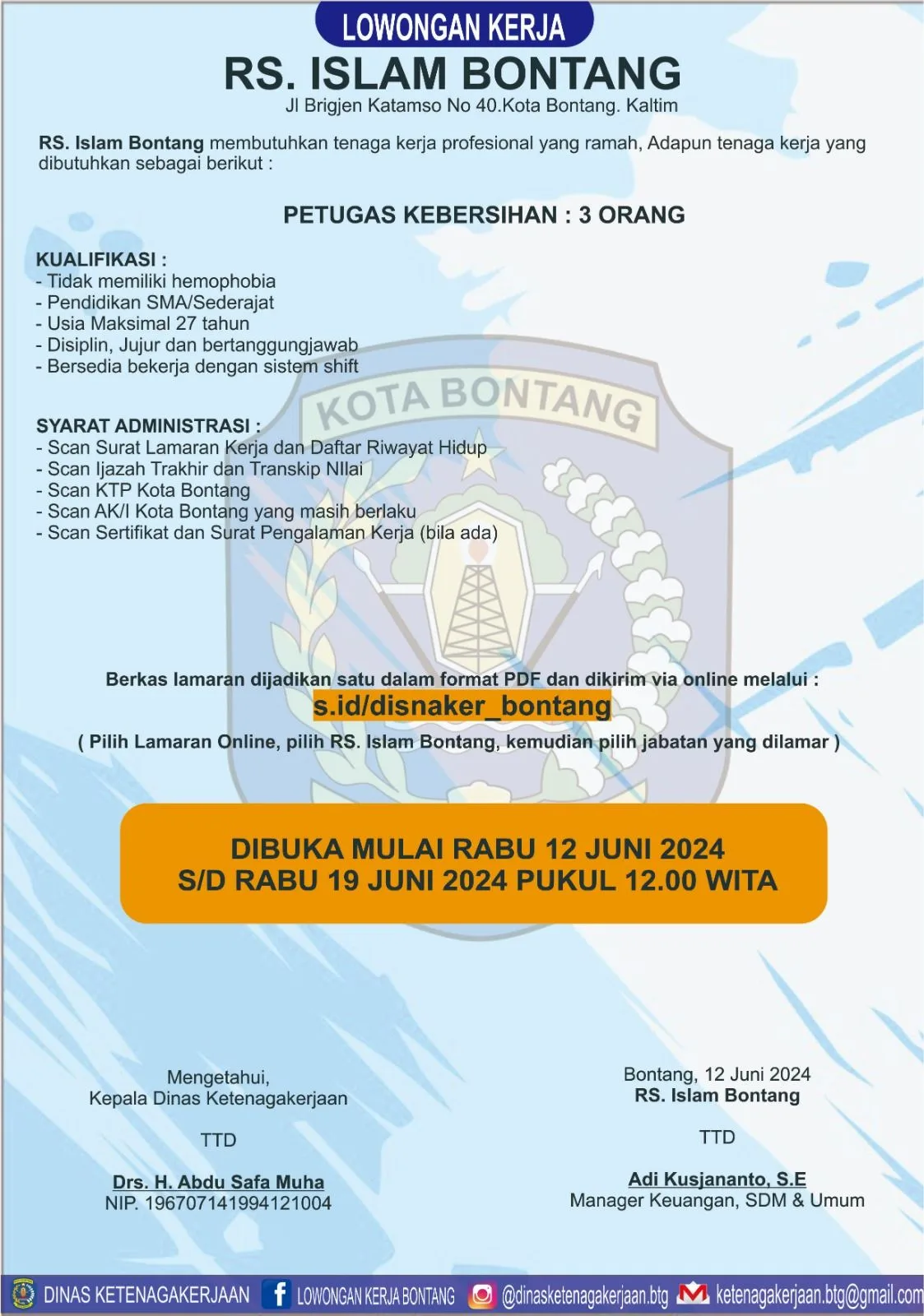 Lowongan Kerja RS Islam Bontang untuk Posisi Petugas Kebersihan