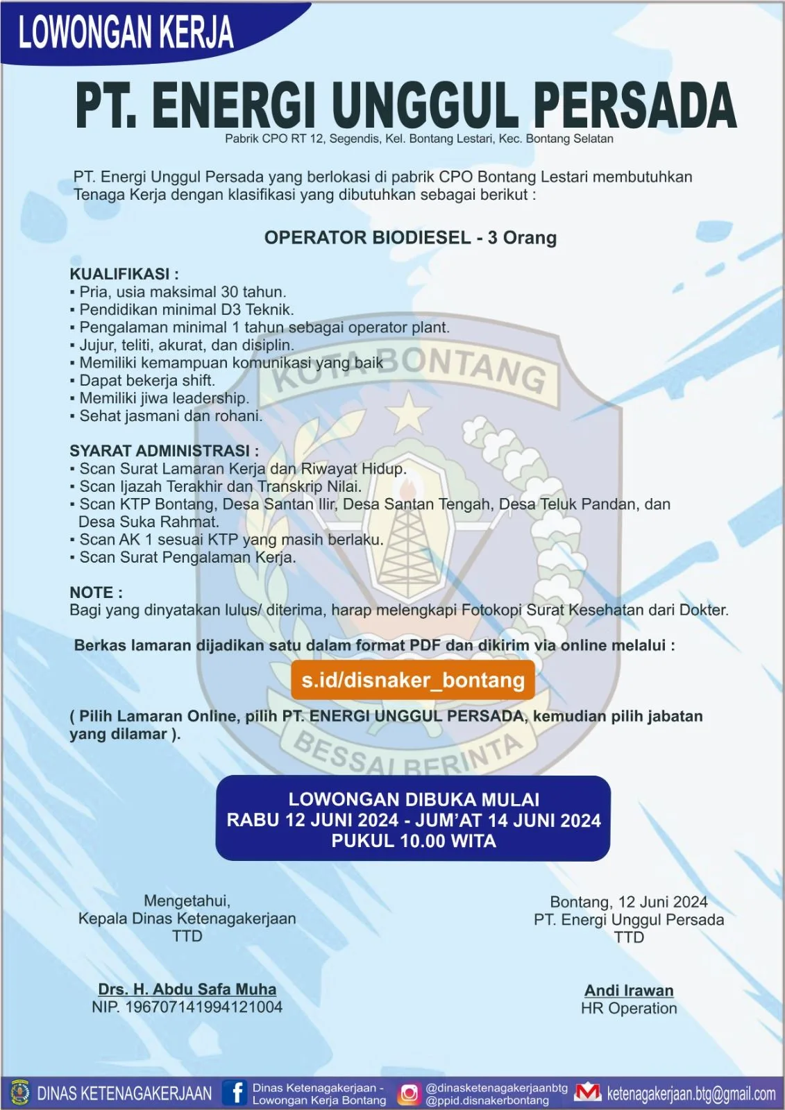 Lowongan Kerja PT. Energi Unggul Persada untuk Posisi Operator Biodiesel