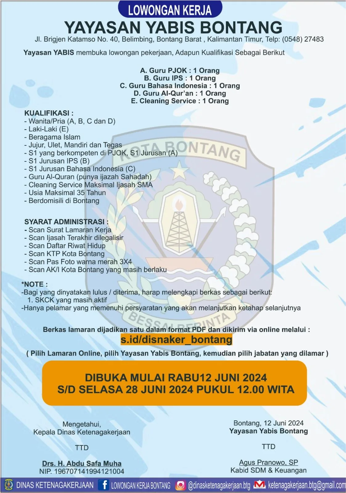 Lowongan Kerja Yayasan Yabis Bontang untuk Posisi Guru PJOK, IPS, Bahasa Indonesia, Al-Qur’an, dan Cleaning Service
