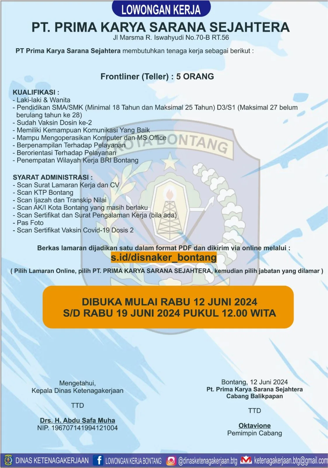 PT. Prima Karya Sarana Sejahtera Membuka Lowongan Kerja untuk Posisi Frontliner (Teller)