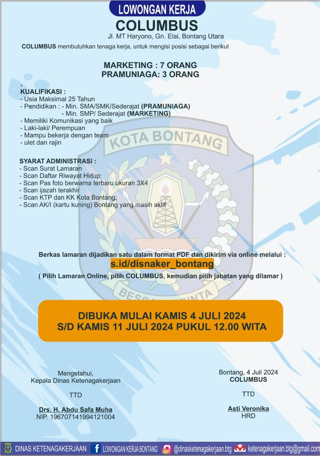 Lowongan Kerja Columbus Bontang, Jabatan Marketing dan Pramu Niaga