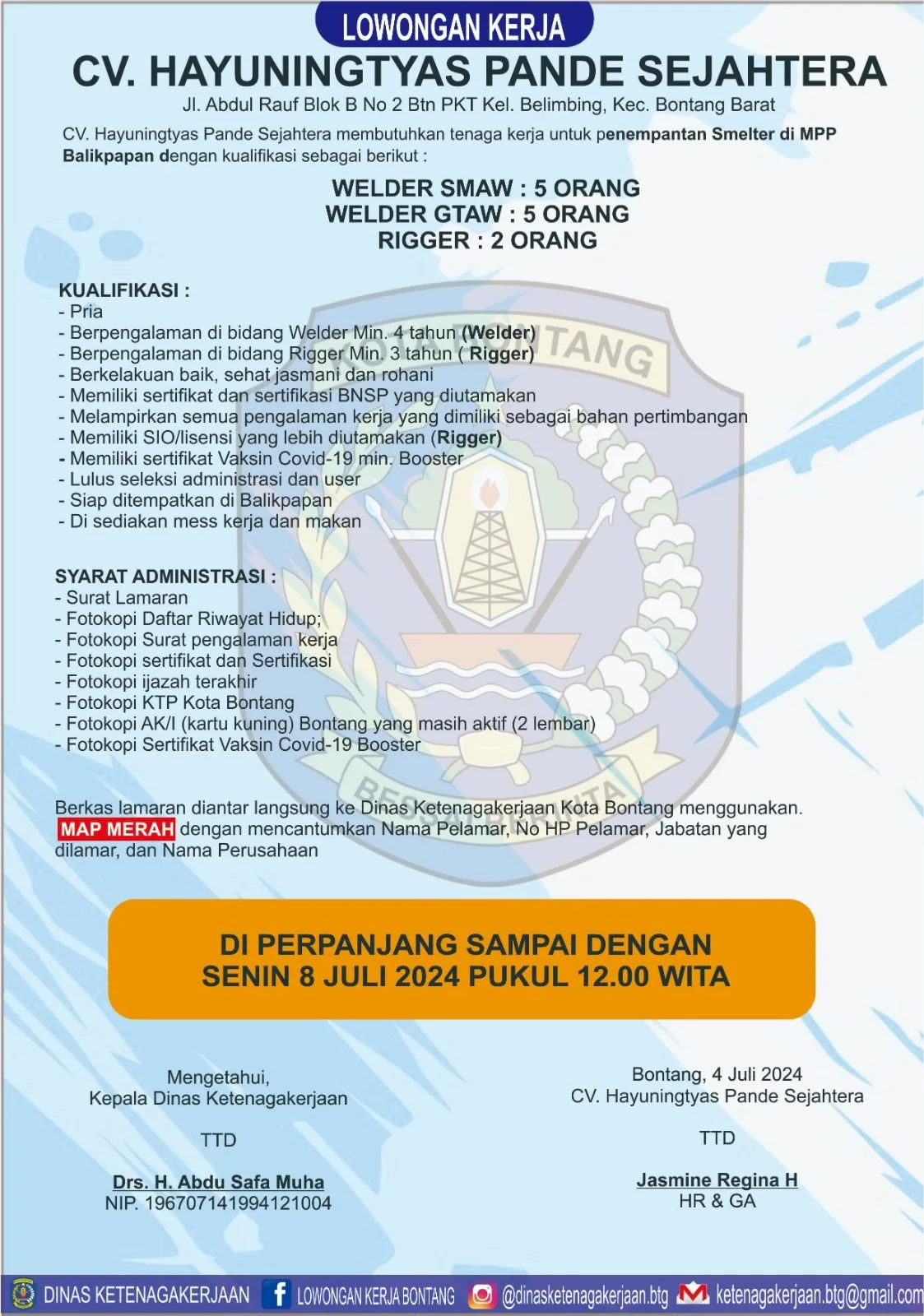 Lowongan Kerja CV. Hayuningtyas Pande Sejahtera, Jabatan Welder dan Rigger