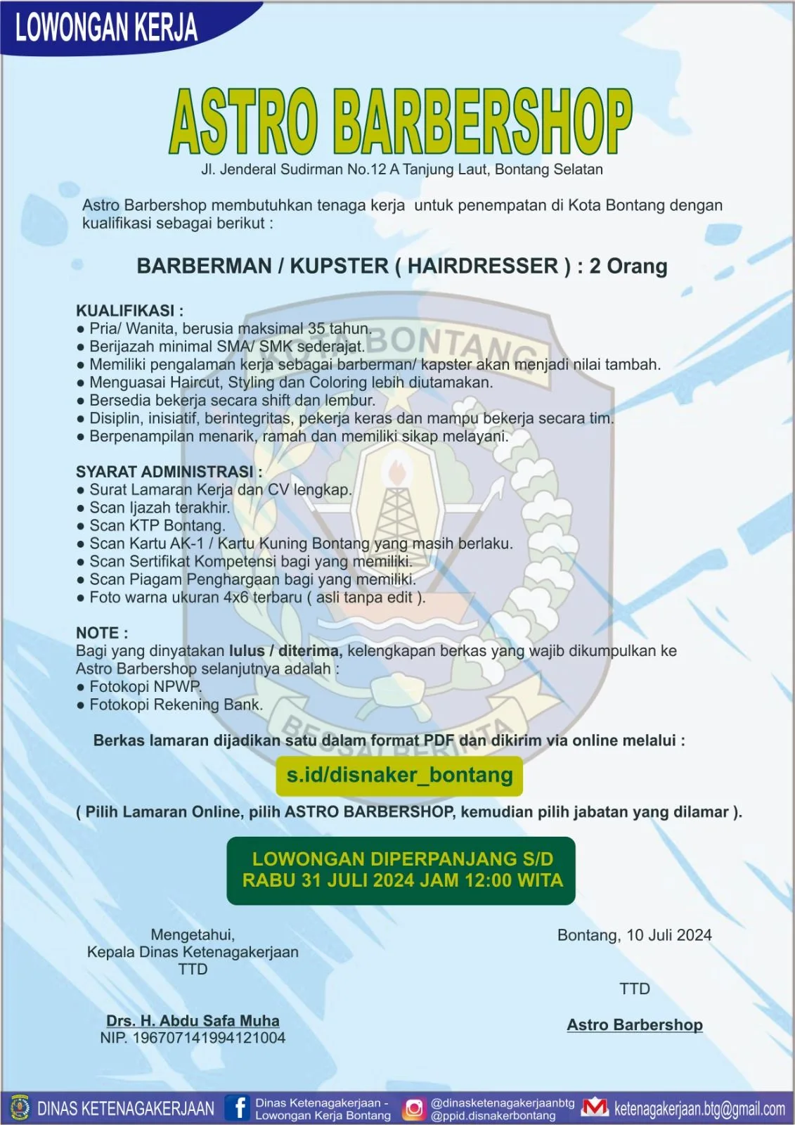 Astro Barbershop Buka Lowongan Kerja untuk 2 Posisi Barberman/Kapster di Bontang