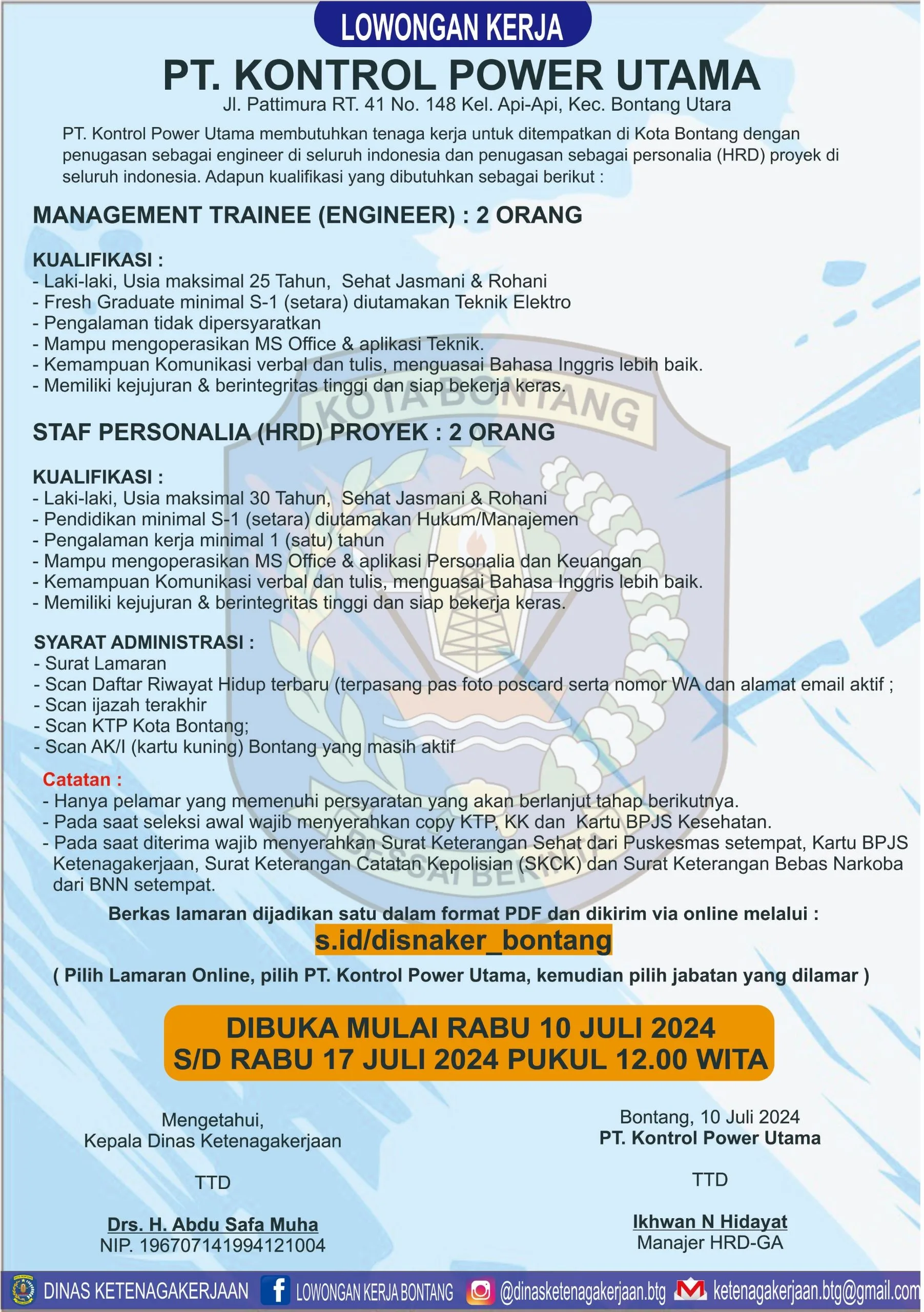 PT. Kontrol Power Utama Membuka Lowongan Kerja untuk Posisi Management Trainee (Engineer) dan Staf Personalia (HRD) Proyek