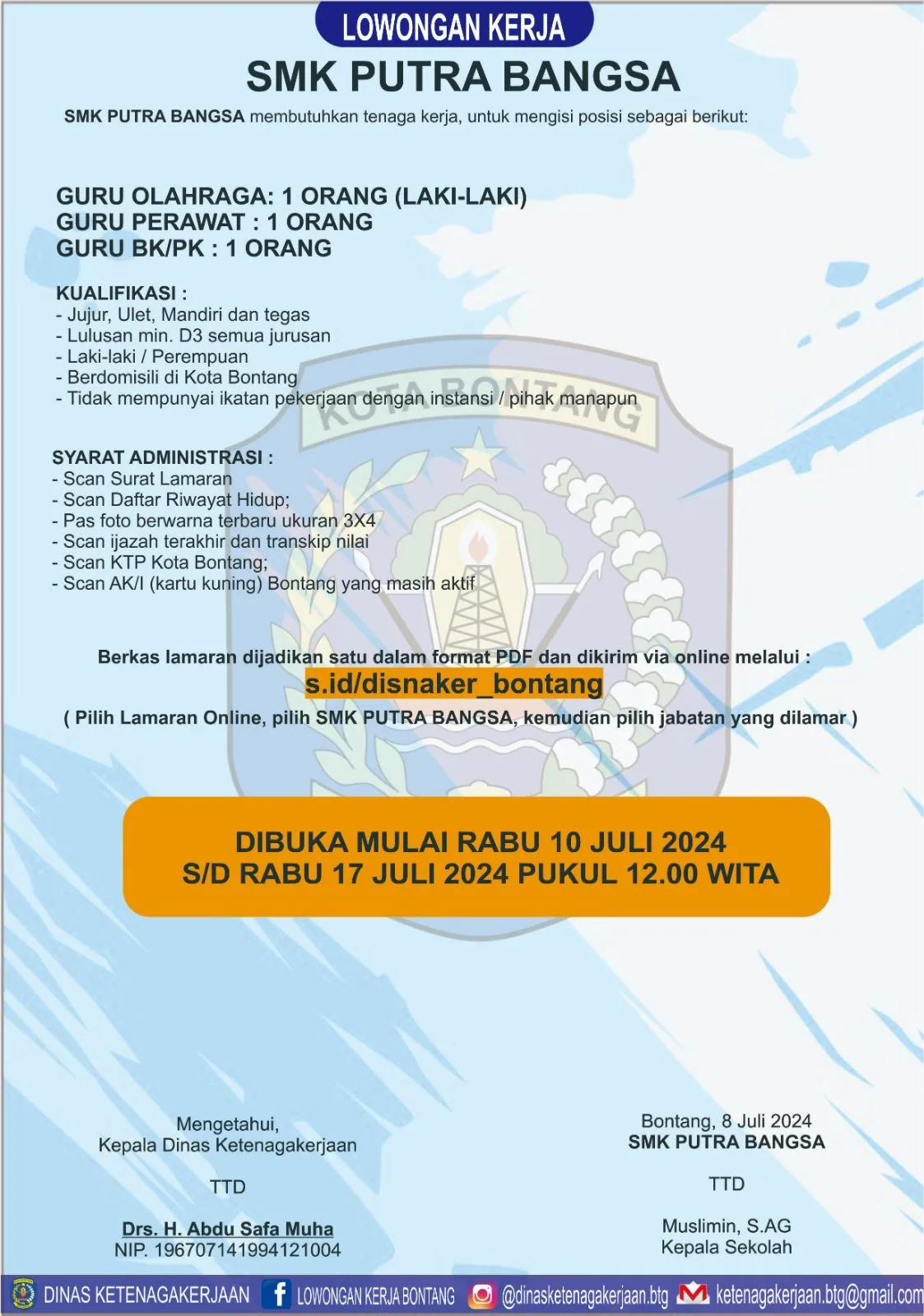 Lowongan Kerja SMK Putra Bangsa Mencari Guru Olahraga, Guru Perawat, dan Guru BK/PK