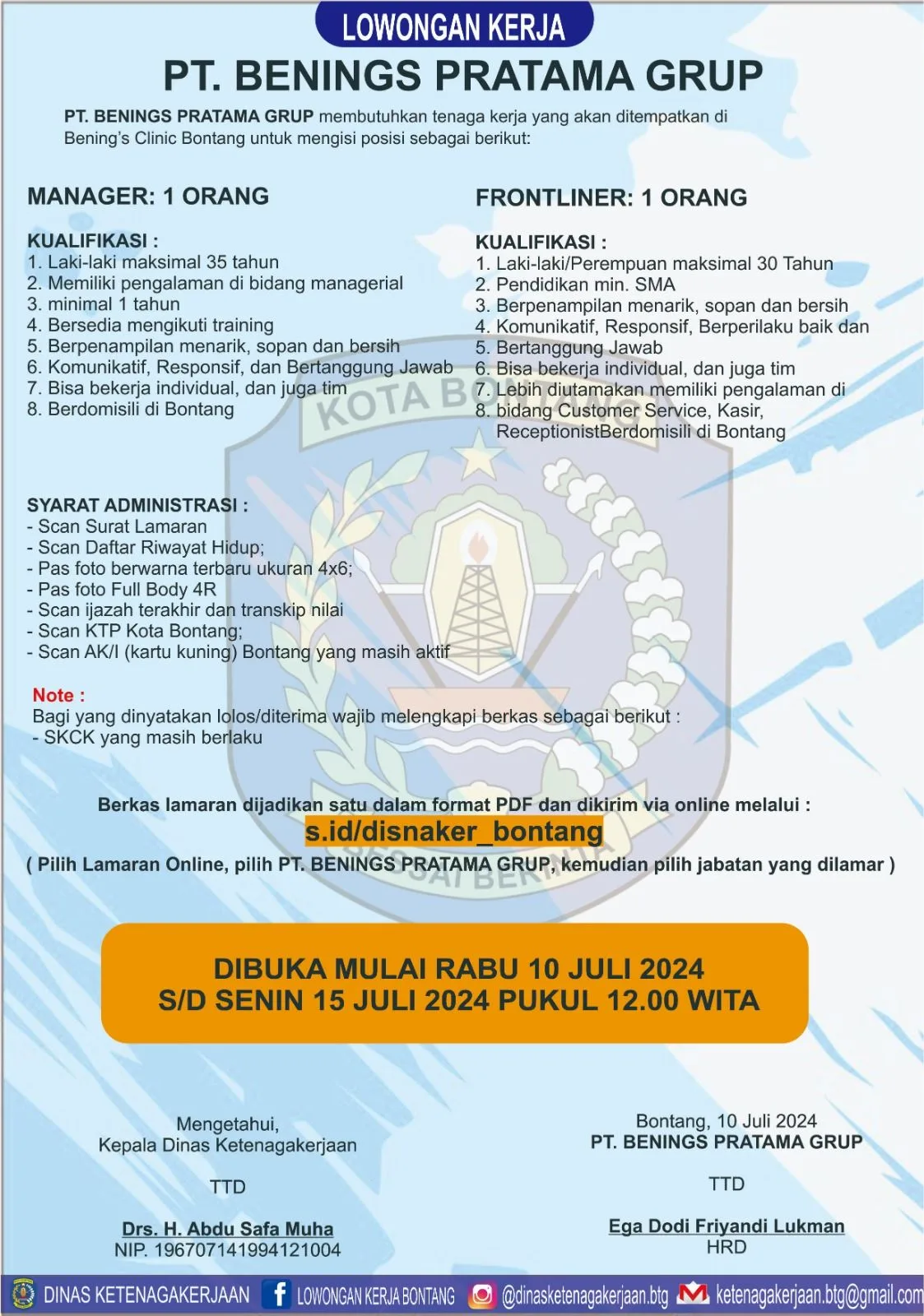 Lowongan Kerja PT Benings Pratama Group Dengan Jabatan Manager dan Frontliner