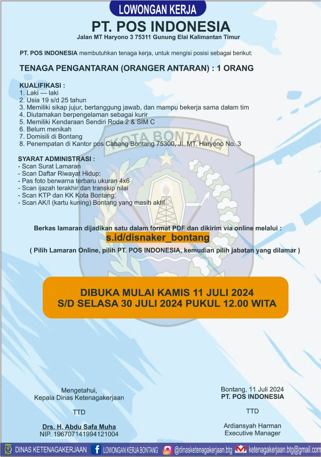 PT. Pos Indonesia Buka Lowongan Kerja untuk 1 Posisi Tenaga Pengantaran (ORANGER ANTARAN) di Bontang