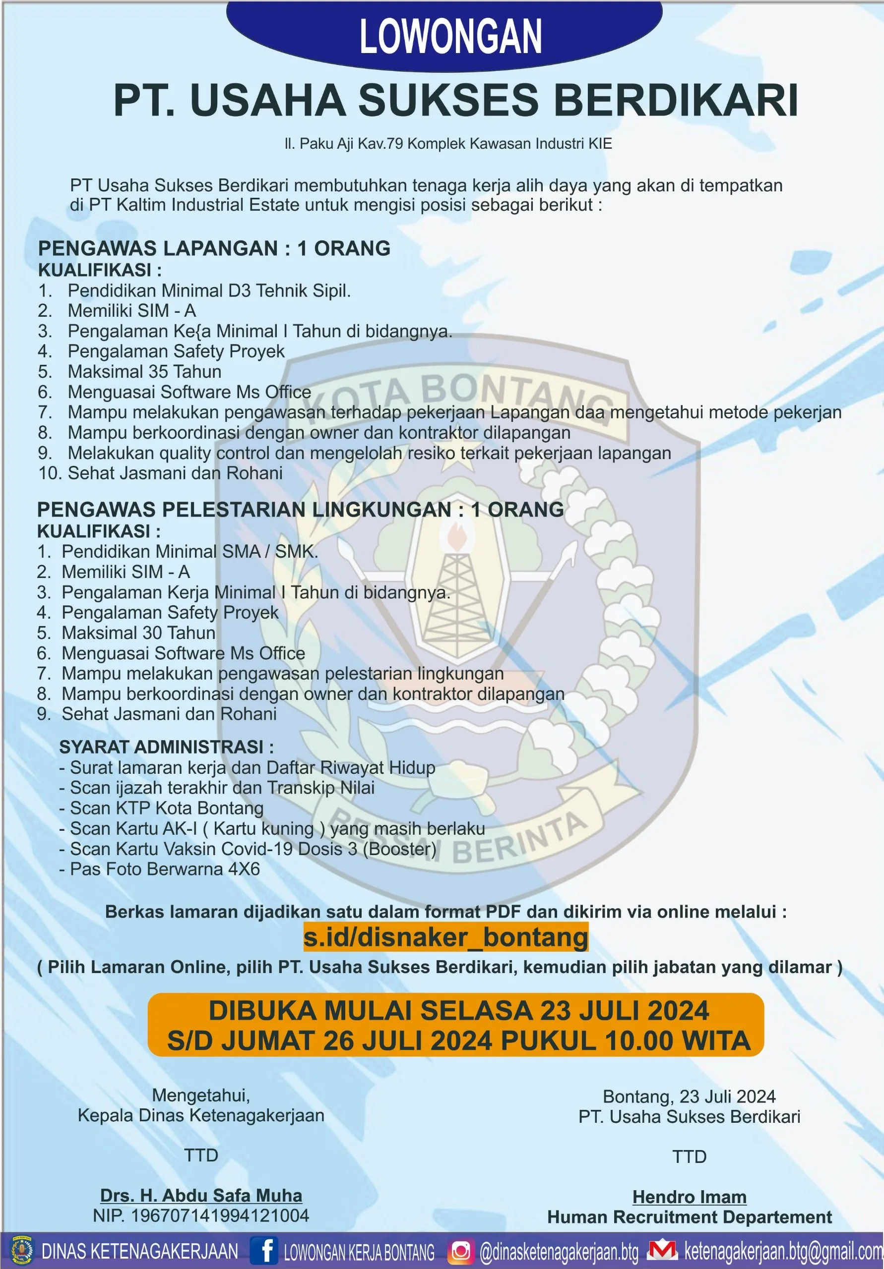 PT. Usaha Sukses Berdikari Buka Lowongan Kerja untuk Posisi Pengawas Lapangan dan Pengawas Pelestarian Lingkungan di Bontang
