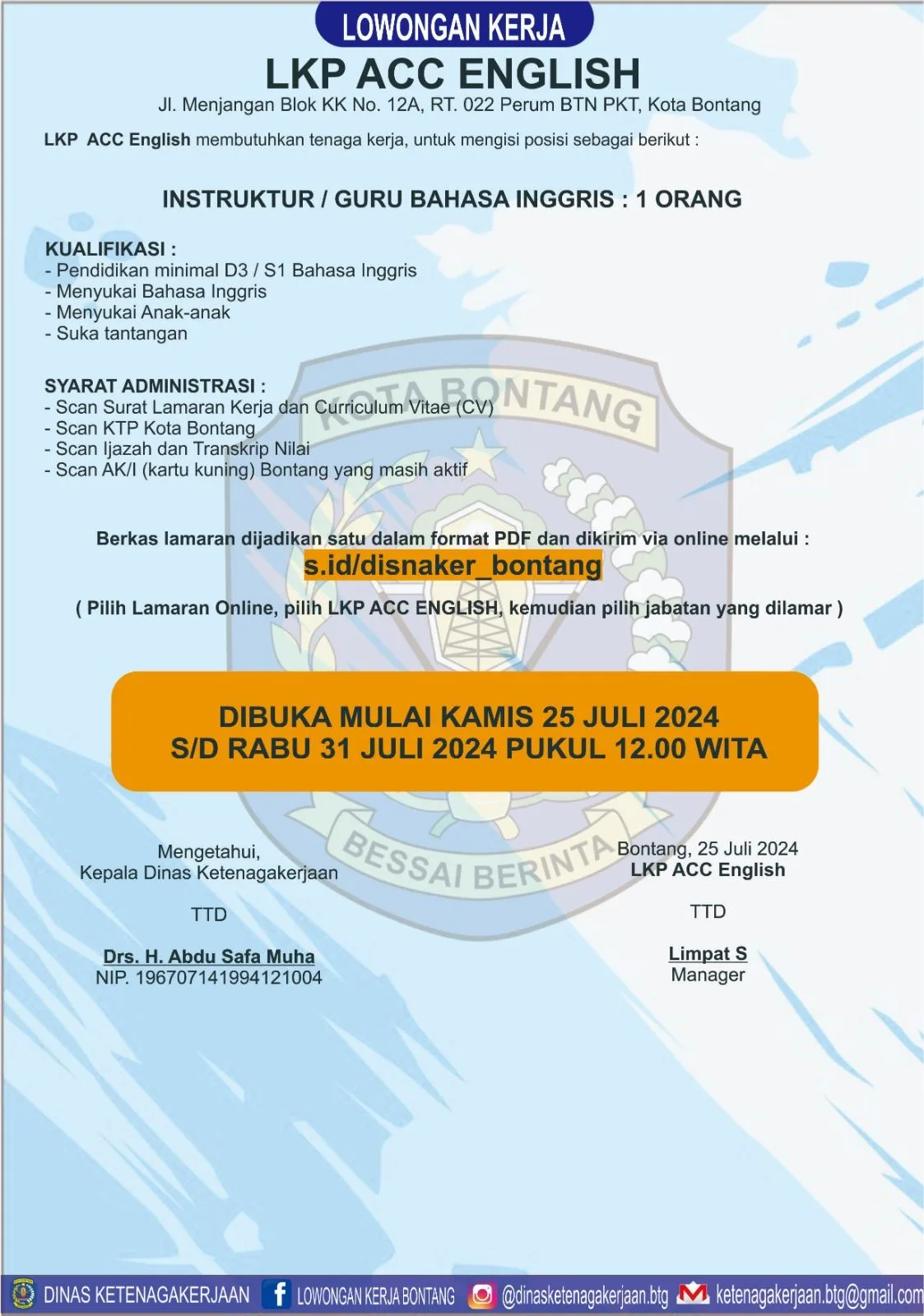 LKP ACC English Cari Instruktur Bahasa Inggris di Bontang