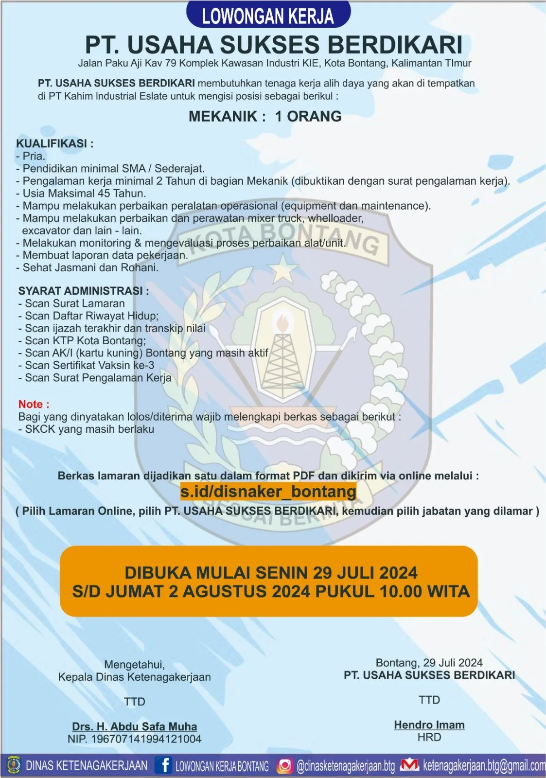 PT. Usaha Sukses Berdikari Membuka Posisi Mekanik di Bontang