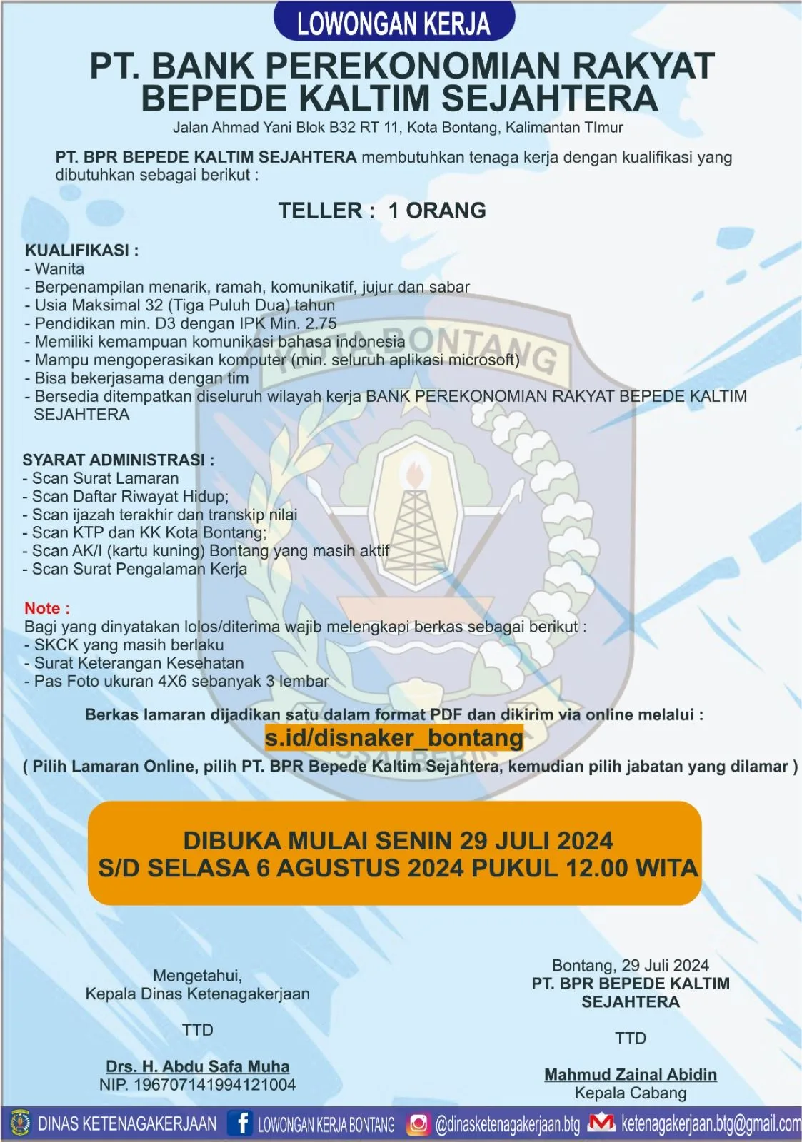 PT. Bank Perkreditan Rakyat Bepede Kaltim Sejahtera Buka Lowongan Teller di Bontang