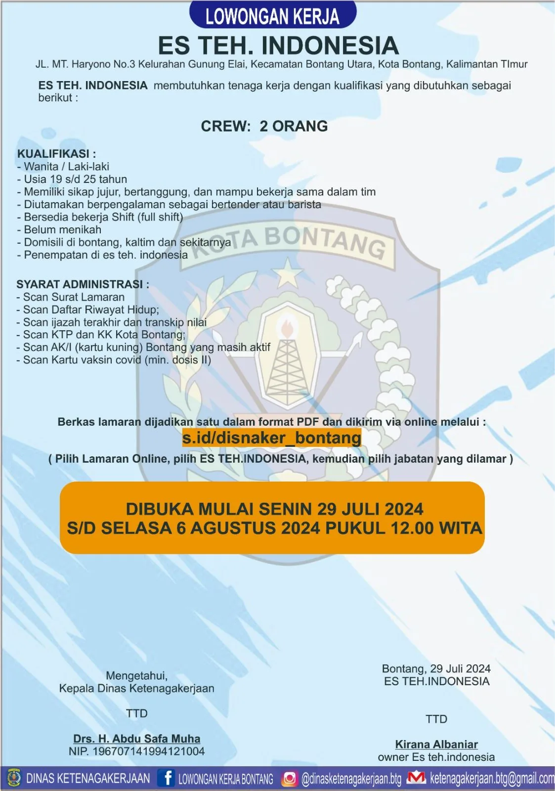 ES TEH. INDONESIA Buka Rekrutmen Crew di Kota Bontang