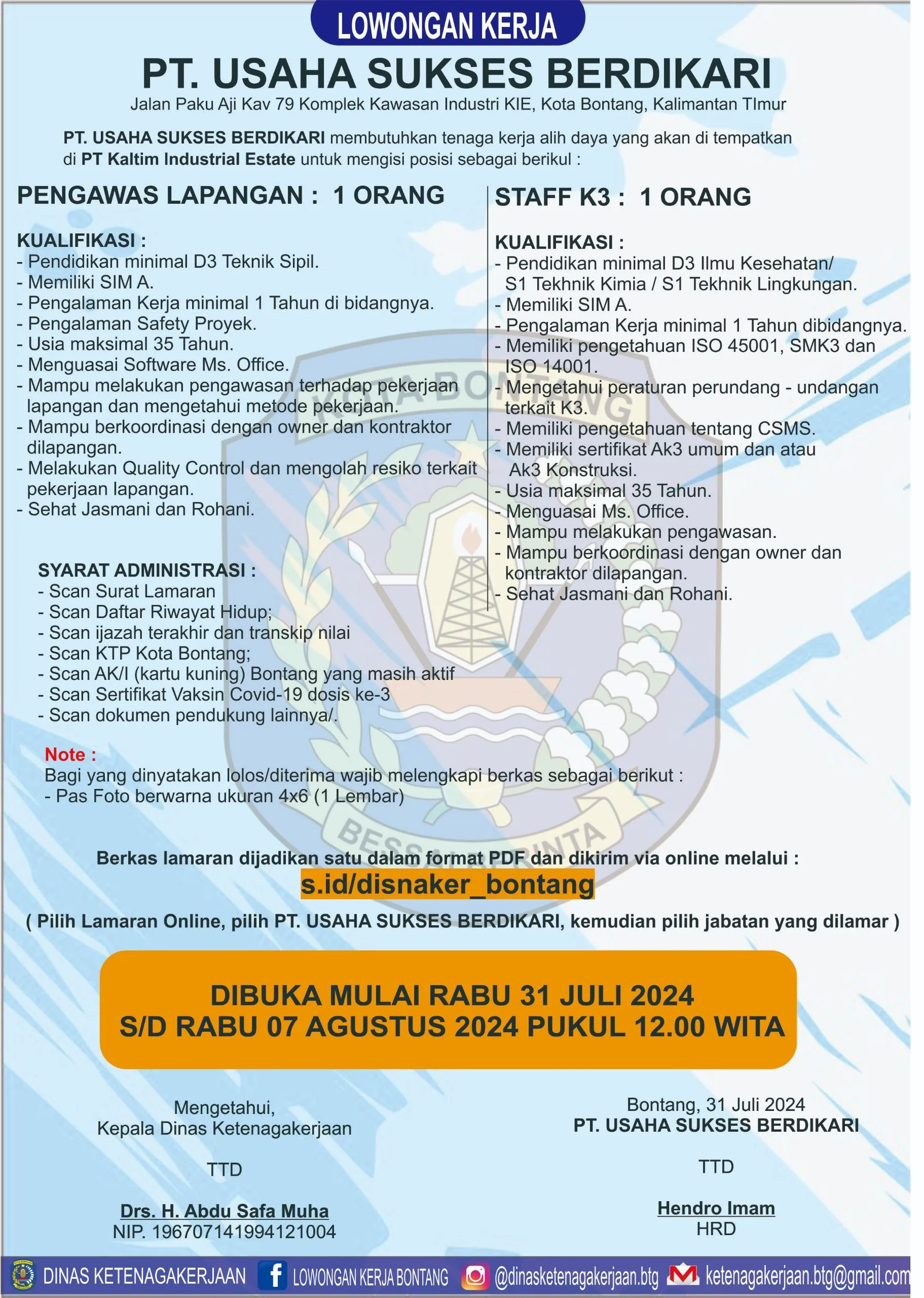 PT. Usaha Sukses Berdikari Buka Rekrutmen Pengawas Lapangan dan Staf K3 di Bontang