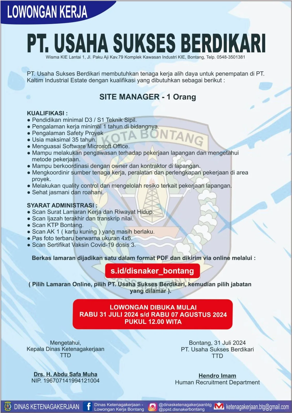 PT. Usaha Sukses Berdikari Cari Site Manager di Bontang