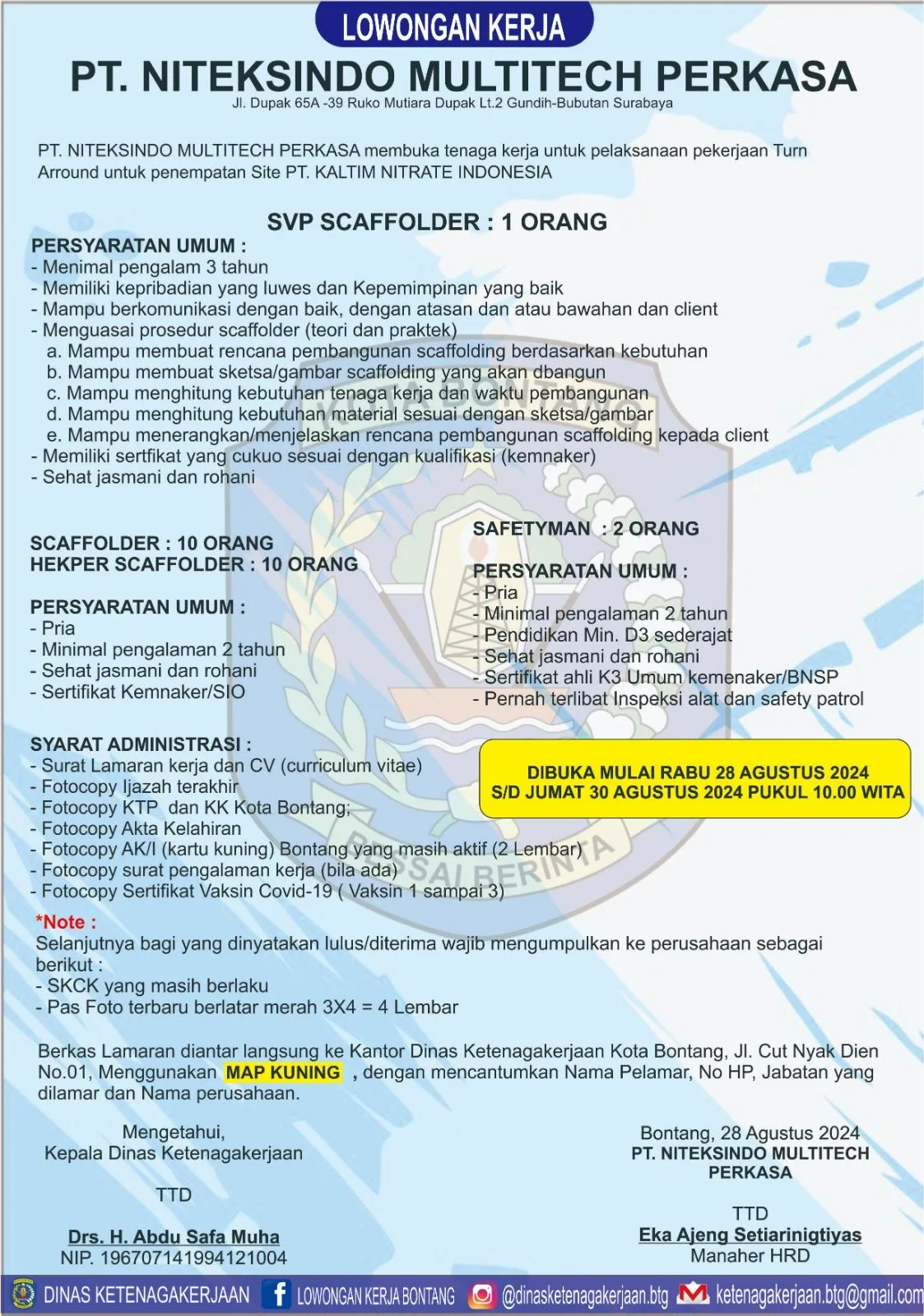 PT. NitekSindo Multitech Perkasa Buka Lowongan untuk Proyek PT. Kaltim Nitrate Indonesia