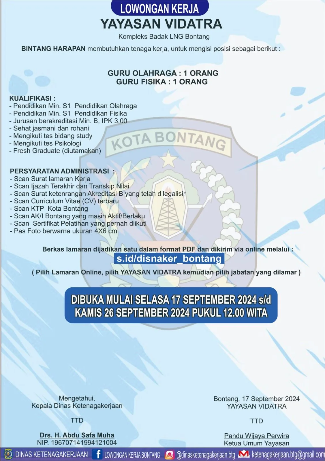 Yayasan Vidatra Buka Lowongan Guru Olahraga dan Guru Fisika di Bontang