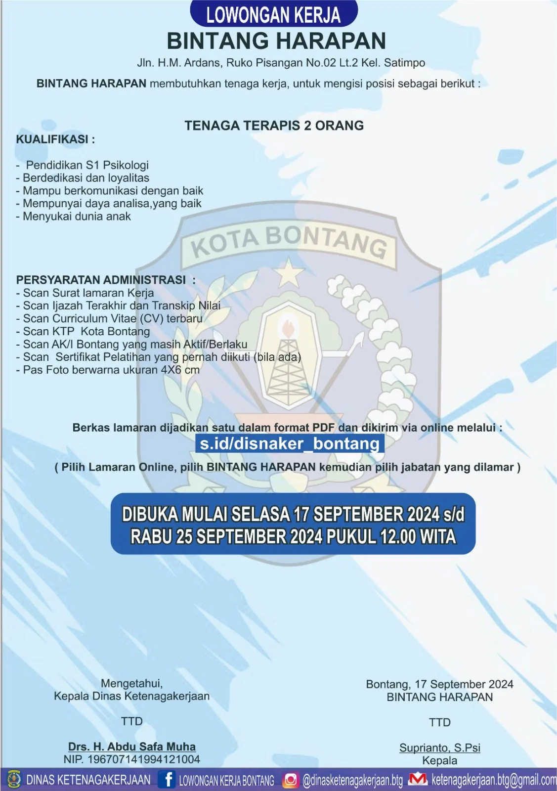 Lowongan Kerja Bintang Harapan Buka Rekrutmen Tenaga Terapis di Bontang