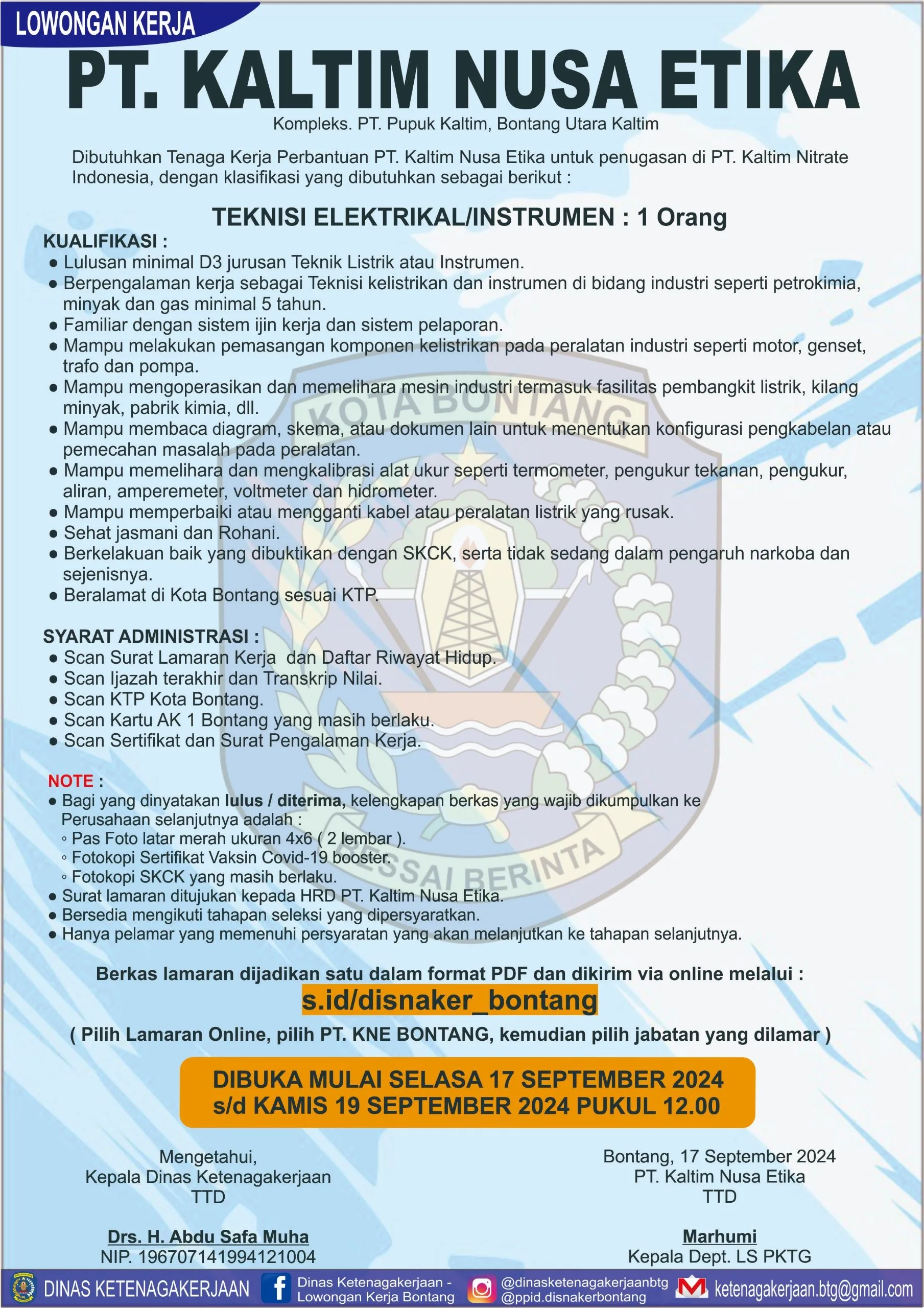 Lowongan Kerja Terbaru di Bontang! PT. Kaltim Nusa Etika Buka Posisi Teknisi Elektrikal/Instrumen