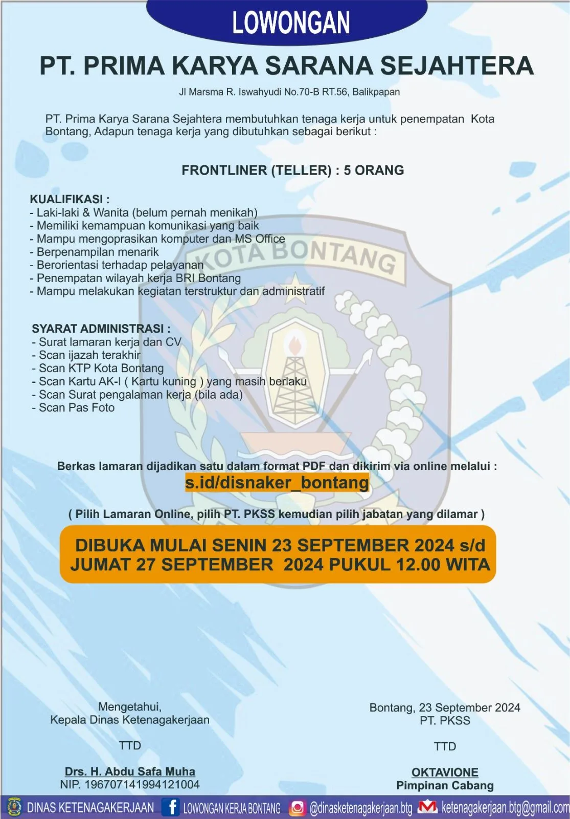 PT. Prima Karya Sarana Sejahtera Buka Lowongan Teller di Bontang!