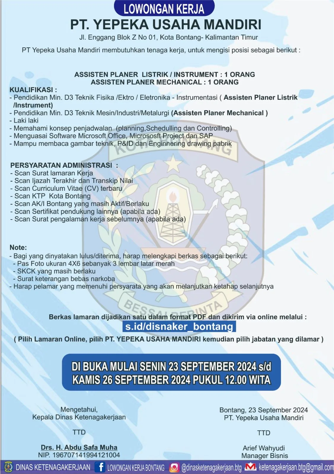 PT. Yepeka Usaha Mandiri Buka Lowongan Kerja di Bontang!
