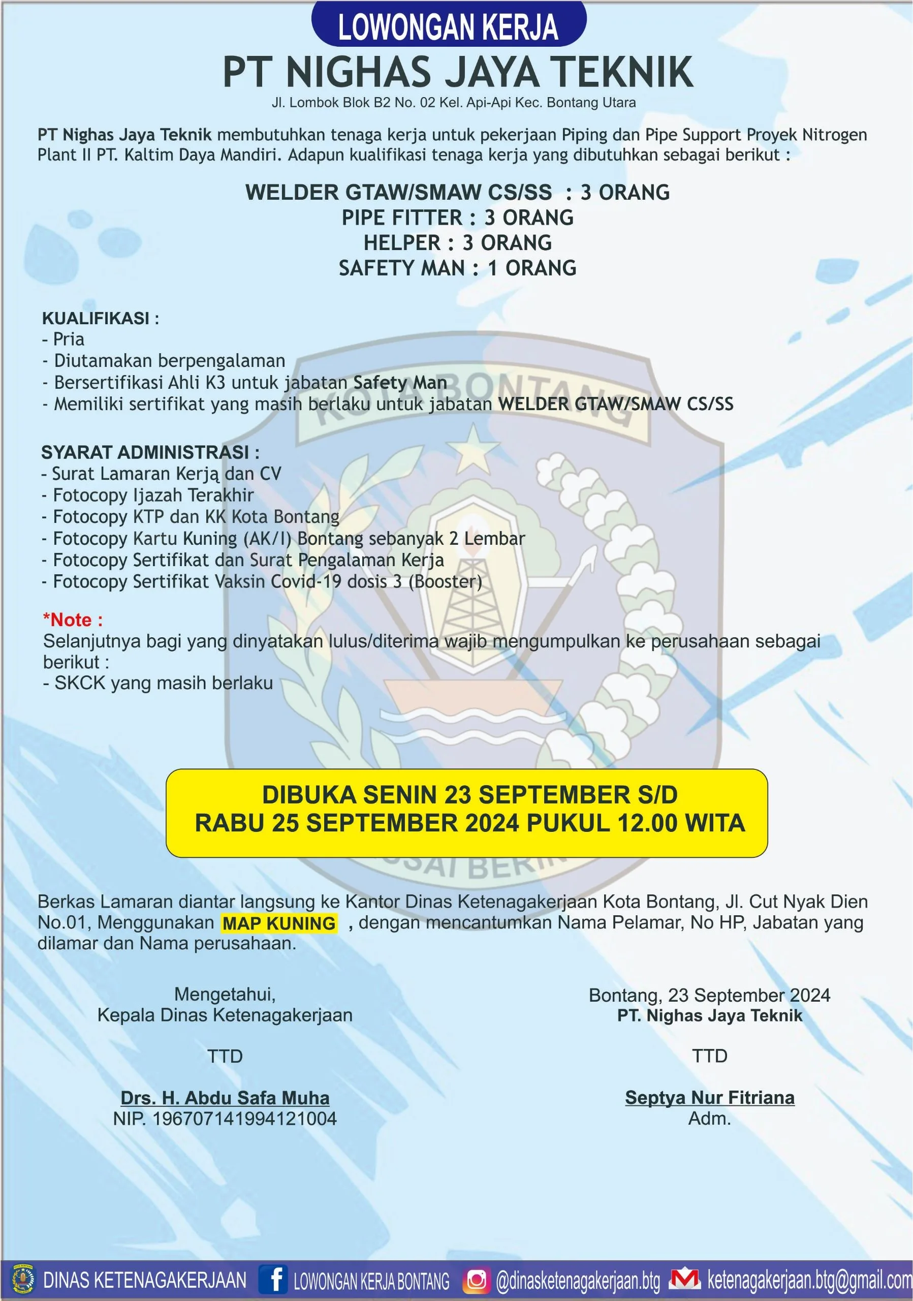 PT. Nighas Jaya Teknik Butuh Welder, Pipe Fitter, dan Helper di Bontang