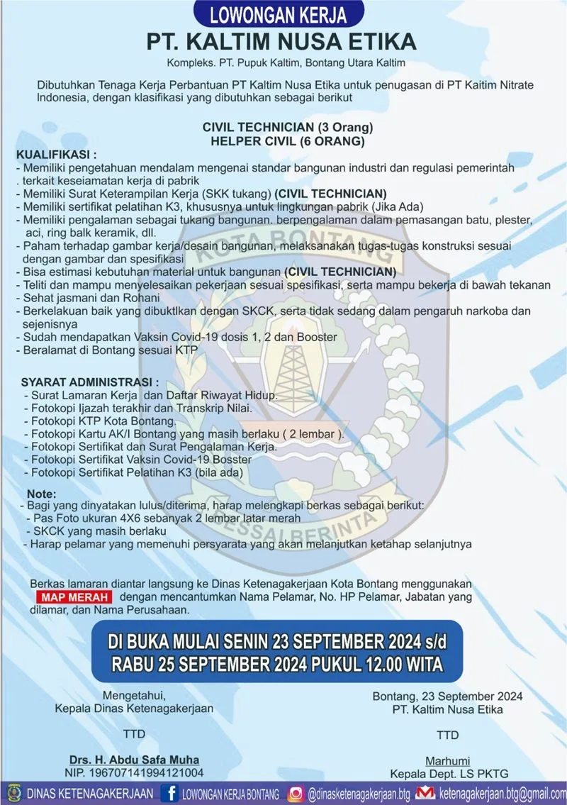 PT. Kaltim Nusa Etika Butuh Civil Technician dan Helper Civil di Bontang