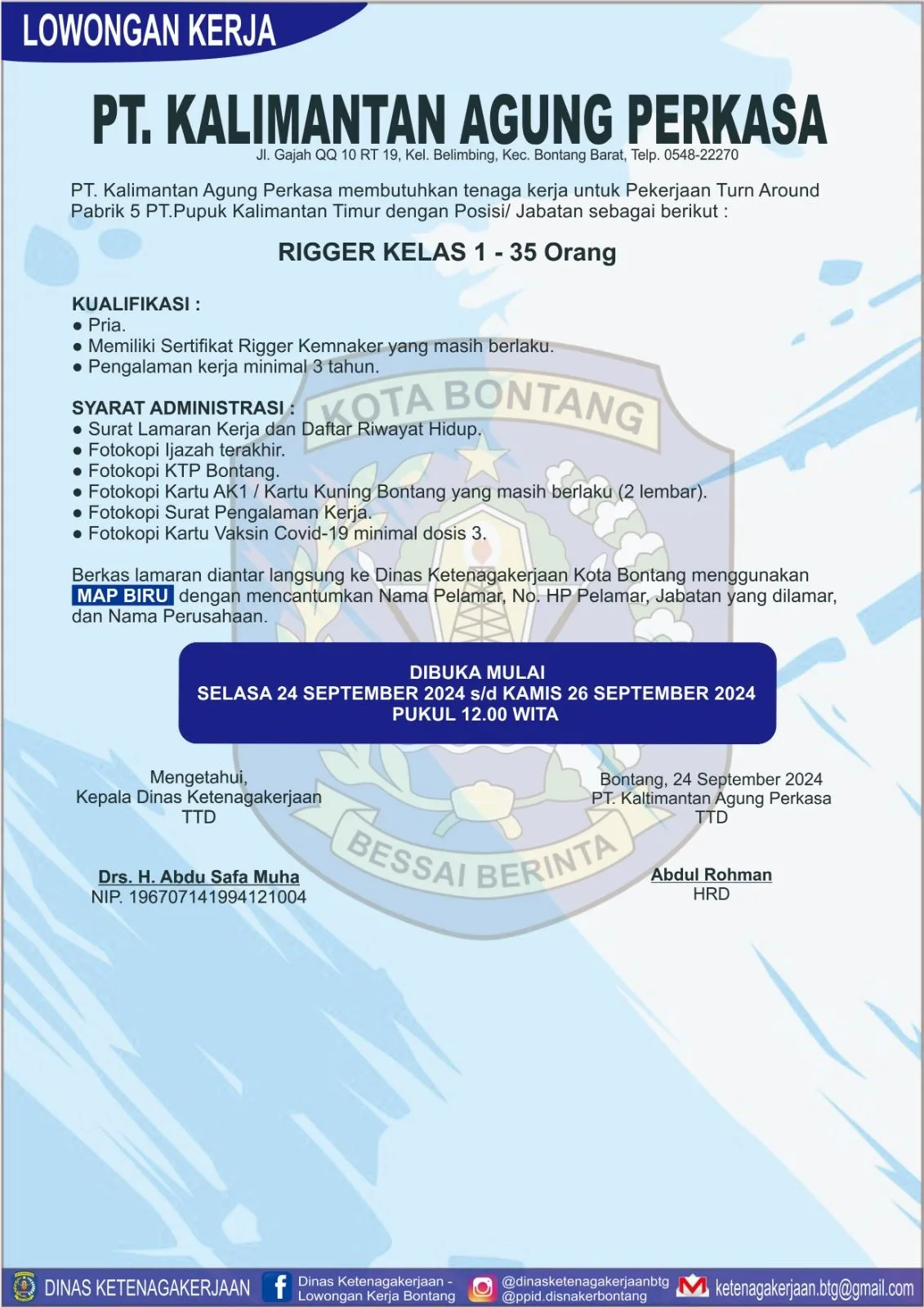 PT. Kalimantan Agung Perkasa Buka Lowongan Rigger Kelas 1 untuk Proyek Turn Around Pabrik 5 PT. Pupuk Kalimantan Timur
