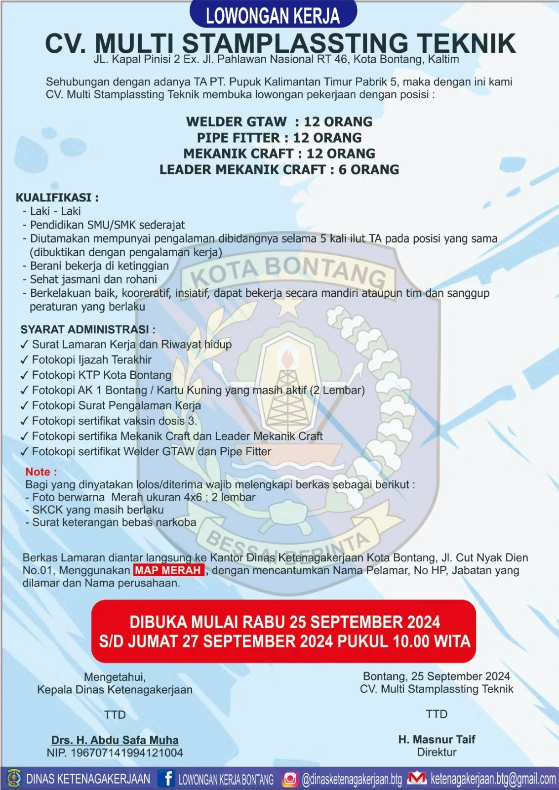 CV. Multi Stamplassting Teknik Buka Lowongan untuk Proyek Turn Around PT. Pupuk Kalimantan Timur
